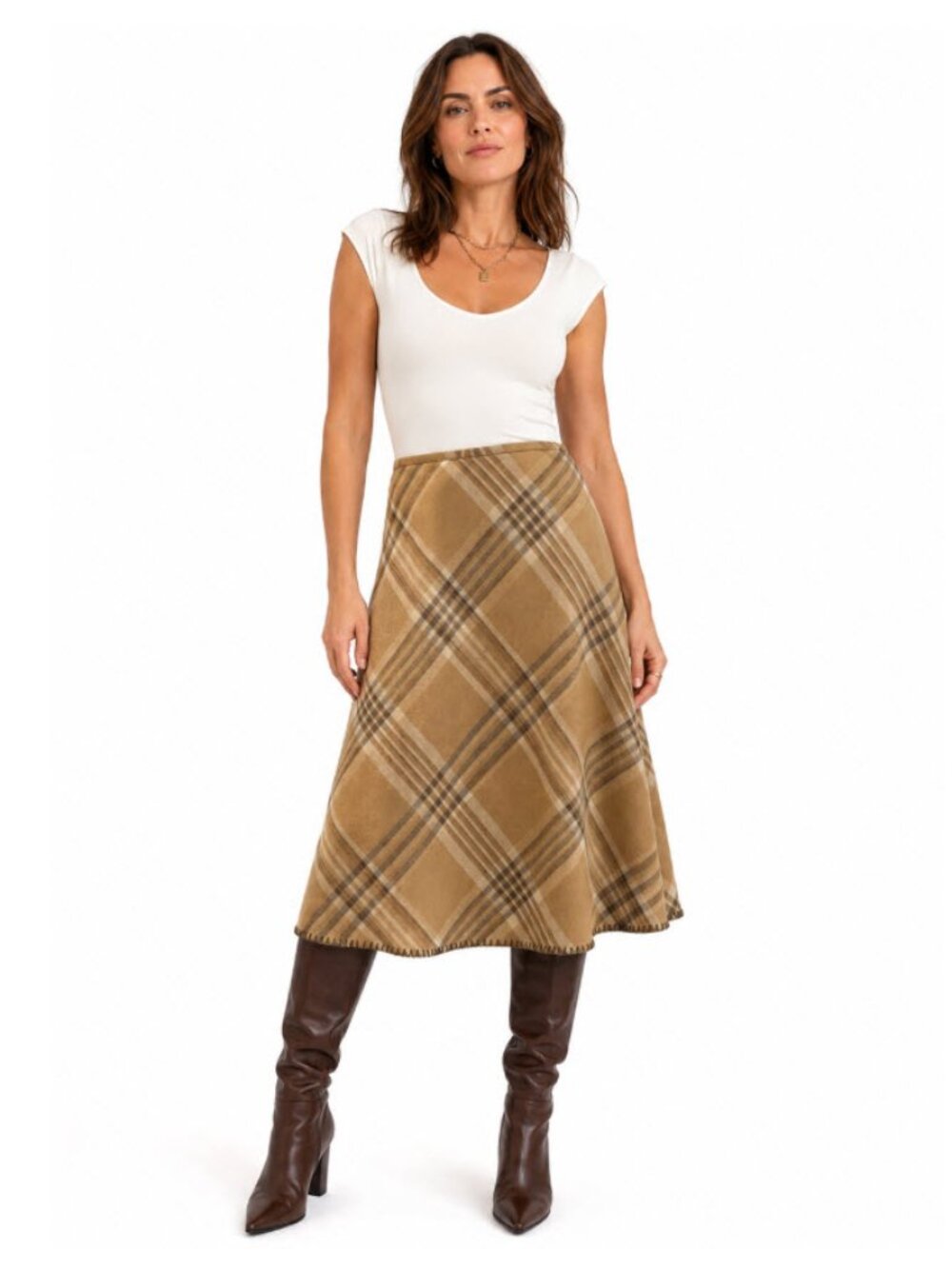 Talbots 100% Wool Tan Plaid A-Line Midi Skirt Size 10